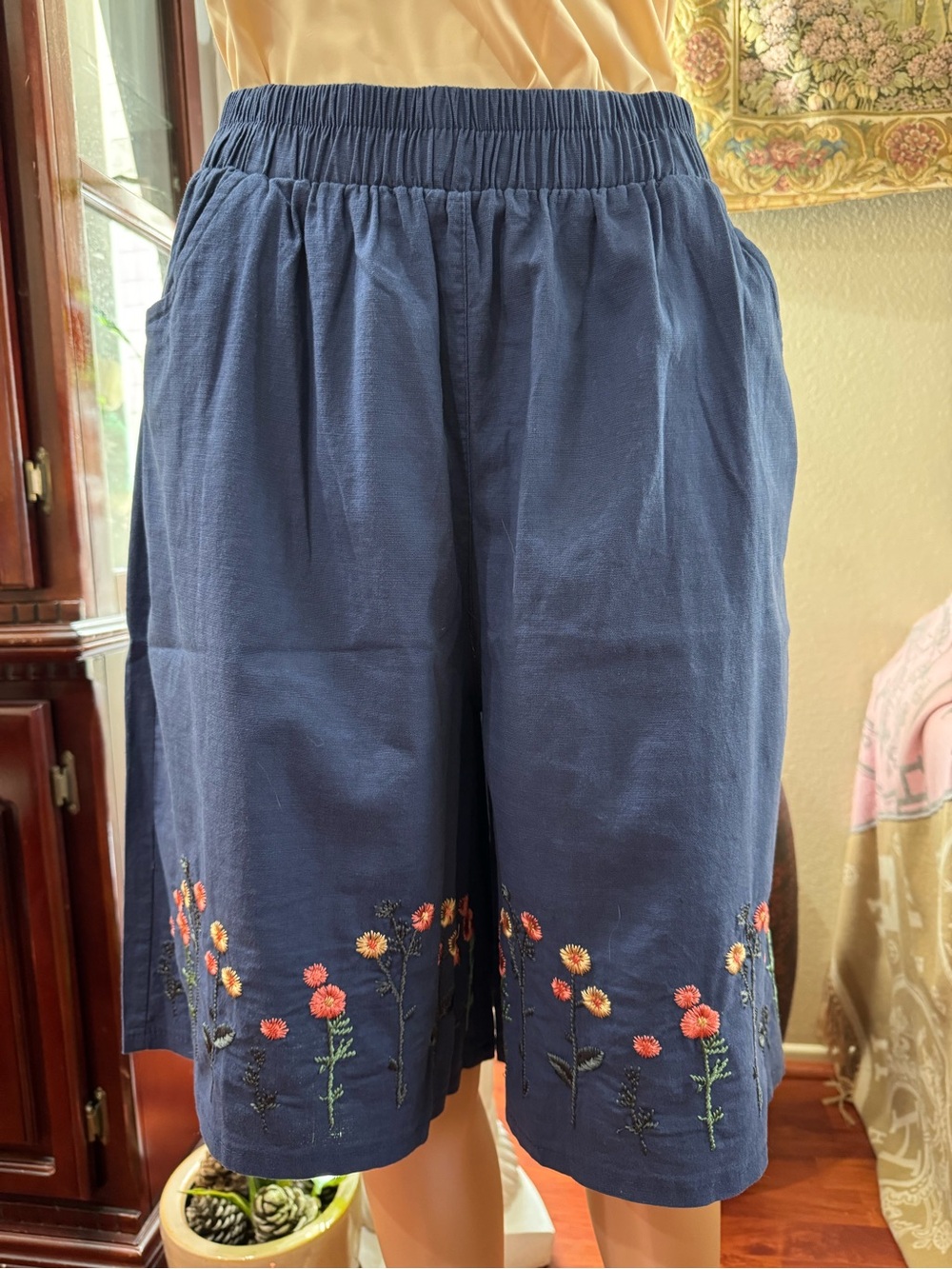 Navy Embroidered Floral Midi Shorts